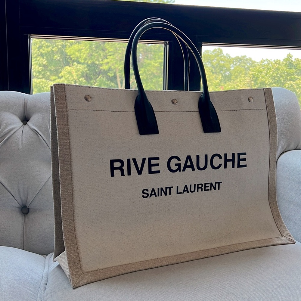 YSL Rive Gauche Large Tote Bag In Printed Canvas And Leather Lin Blanc Like New - Picture 3 of 17